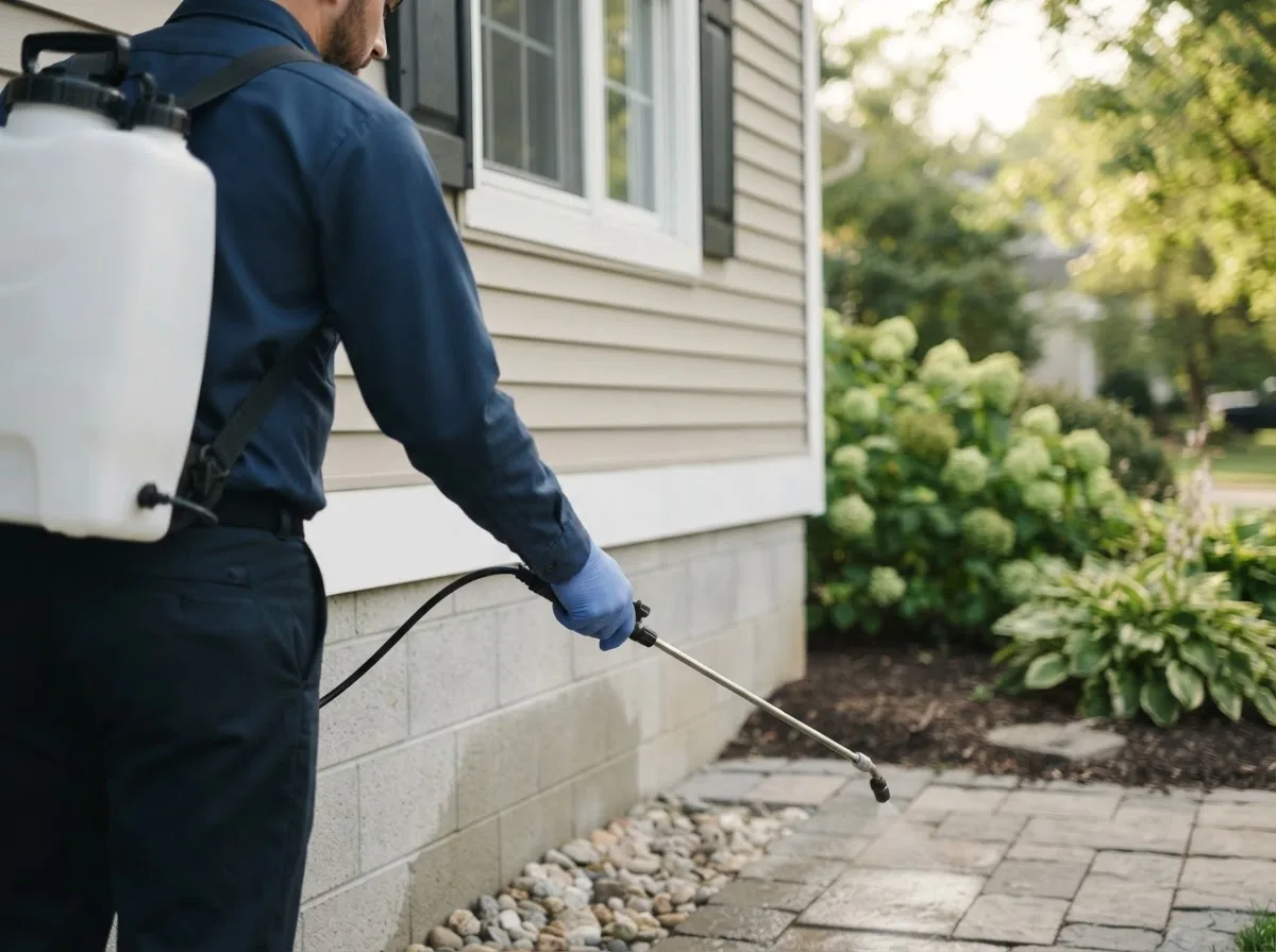 Pest control technician inspecting a home in Parkersburg, IL